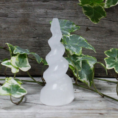 Selenite Spiral Unicorn Horn Tower - 10 Cm