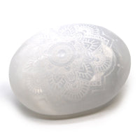 Selenite Palm Stone - Mandala Engraved - Look How They Shine