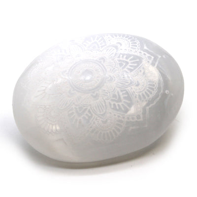 Selenite Palm Stone - Mandala Engraved - Look How They Shine
